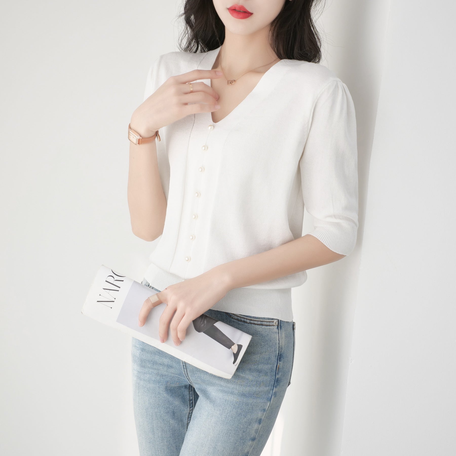 White V Neck Georgette Shirt Style Top