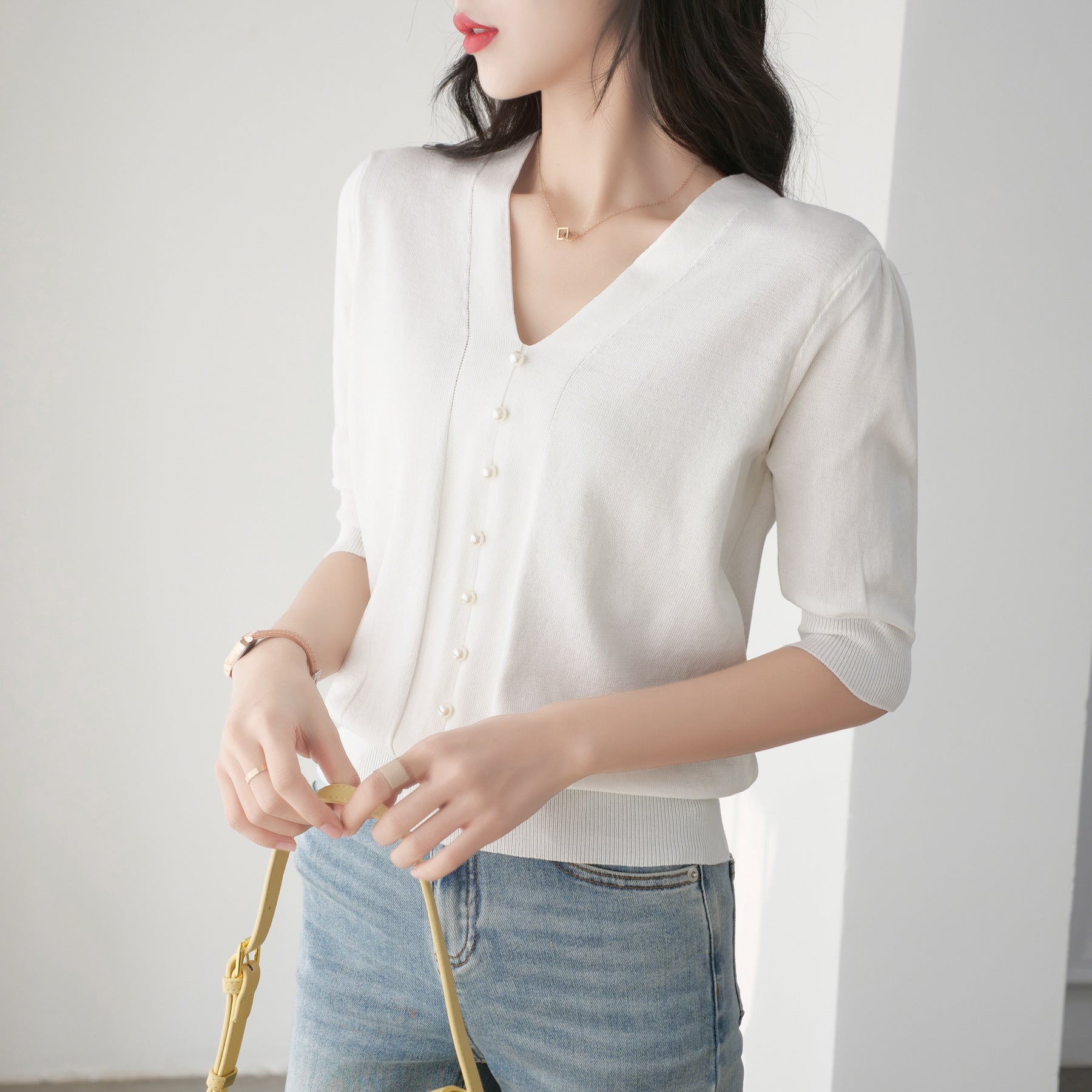 White V Neck Georgette Shirt Style Top