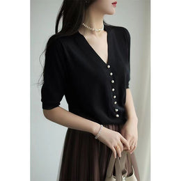 Black V-Neck Georgette Shirt Style Top