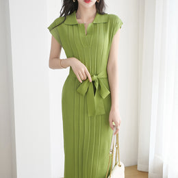 Green Ribbed Belted Shirt Dress