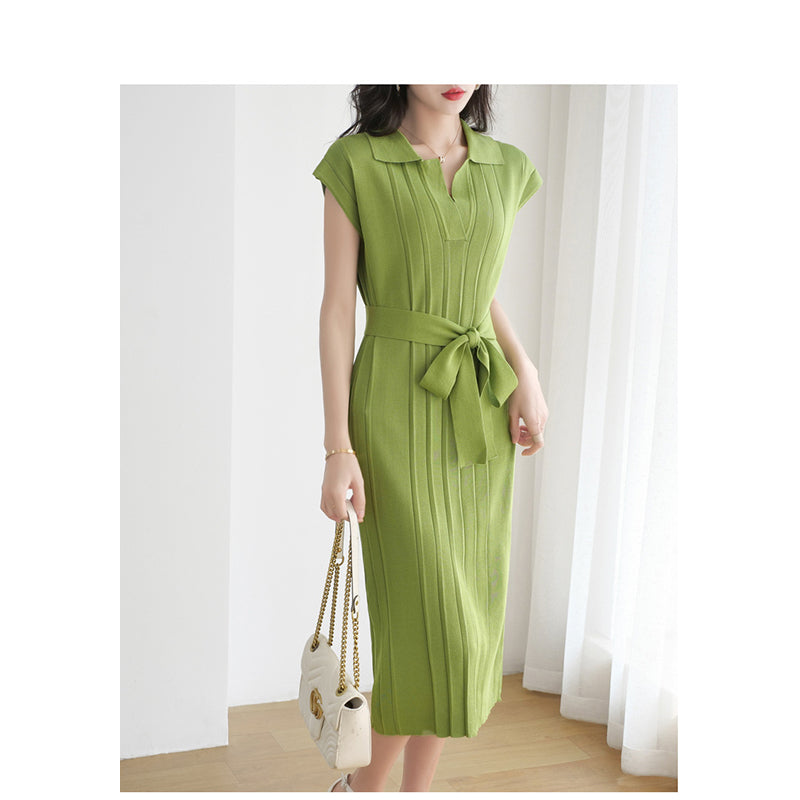 Green Ribbed Belted Shirt Dress