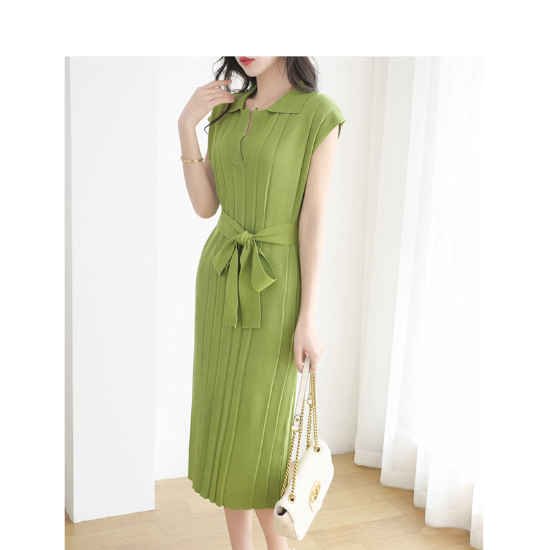 Green Ribbed Belted Shirt Dress