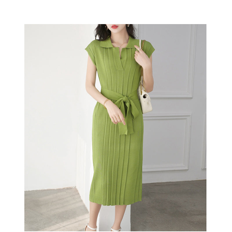 Green Ribbed Belted Shirt Dress