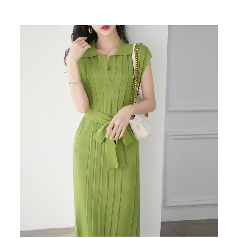 Green Ribbed Belted Shirt Dress