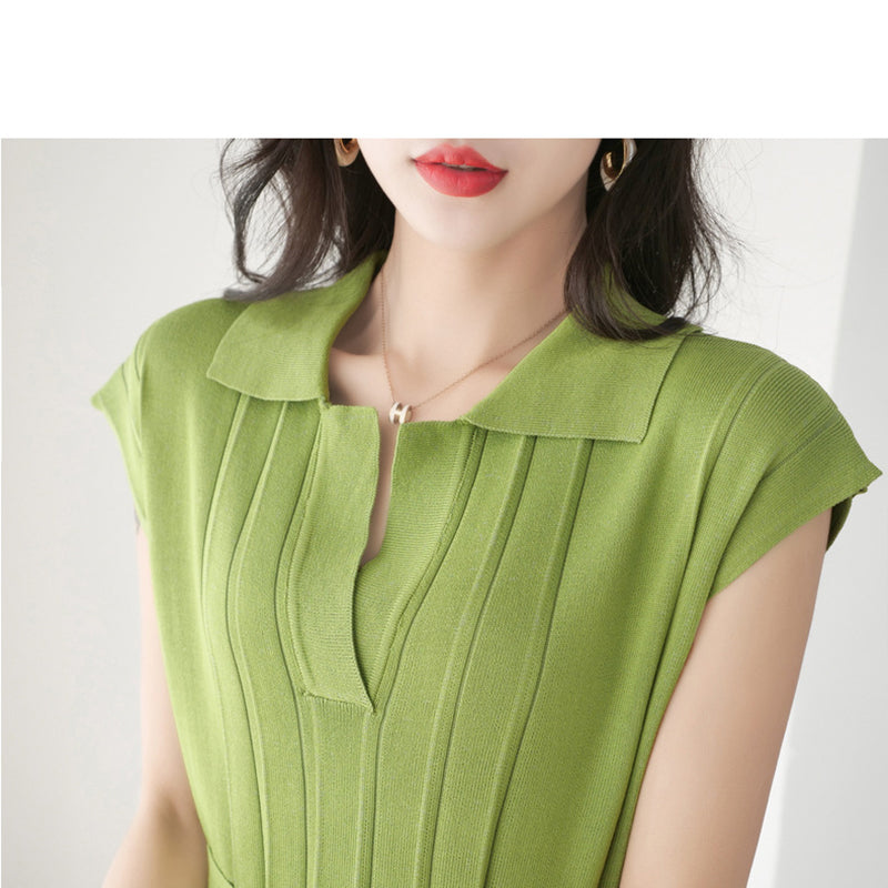 Green Ribbed Belted Shirt Dress