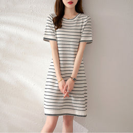 White Striped Round Neck A-Line Dress