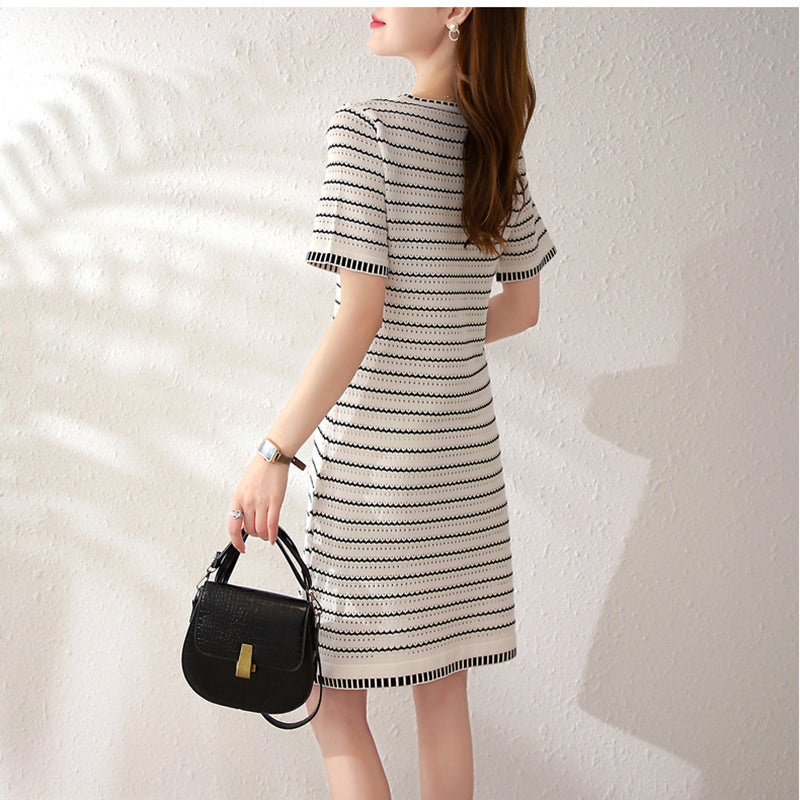 White Striped Round Neck A-Line Dress