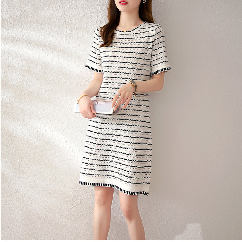 White Striped Round Neck A-Line Dress