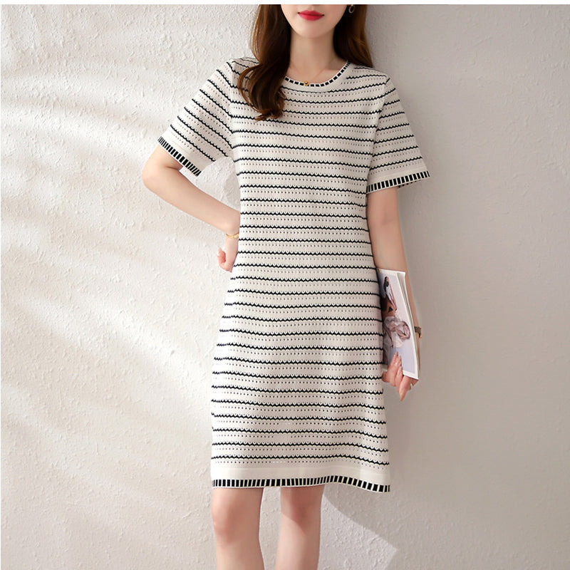 White Striped Round Neck A-Line Dress