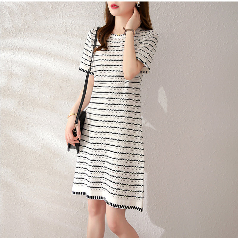 White Striped Round Neck A-Line Dress