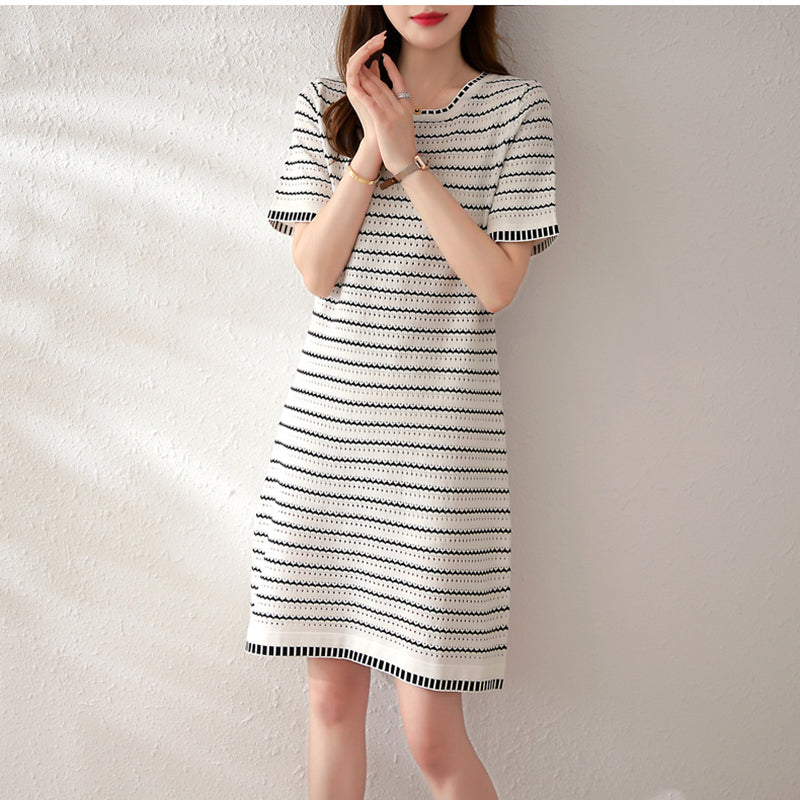 White Striped Round Neck A-Line Dress