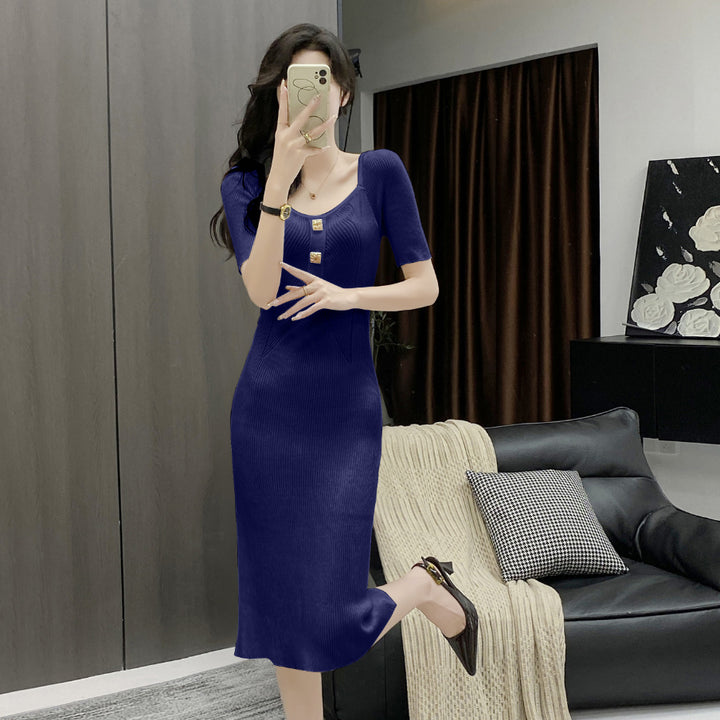 Scoop Neck Short Sleeves Sheath Midi Dress