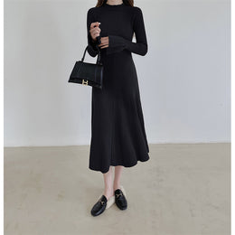 Black Ribbed Bell Sleeve Fit and Flare Midi Dress