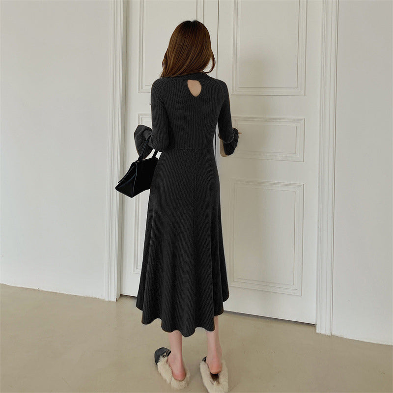 Black Ribbed Bell Sleeve Fit and Flare Midi Dress