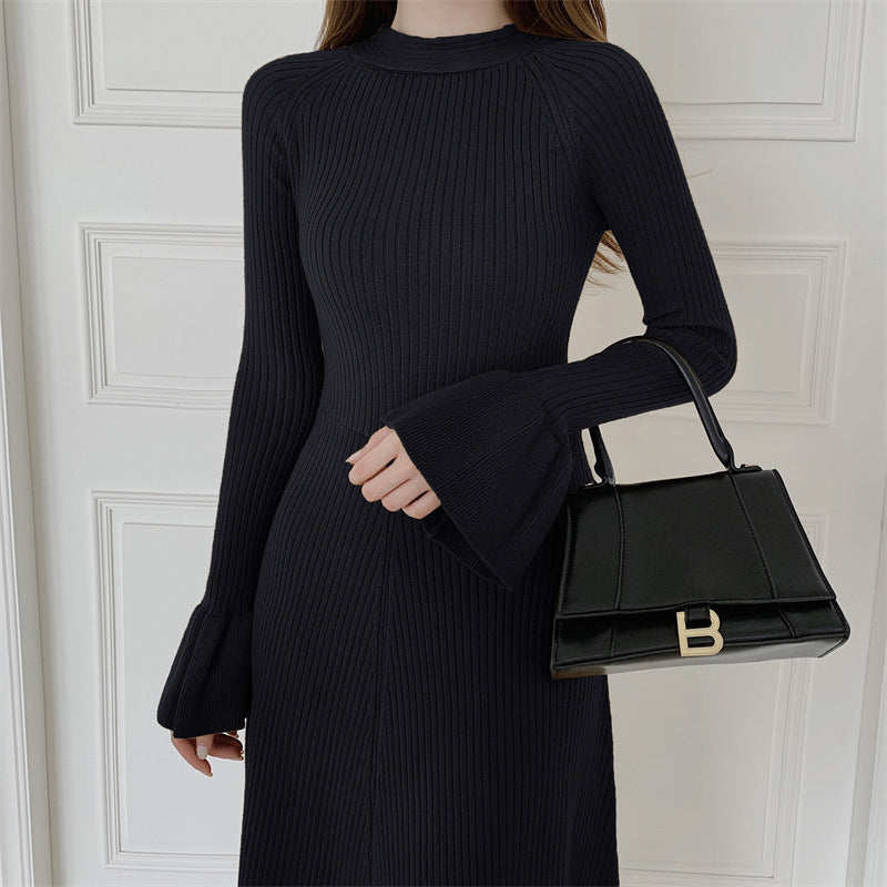 Black Ribbed Bell Sleeve Fit and Flare Midi Dress