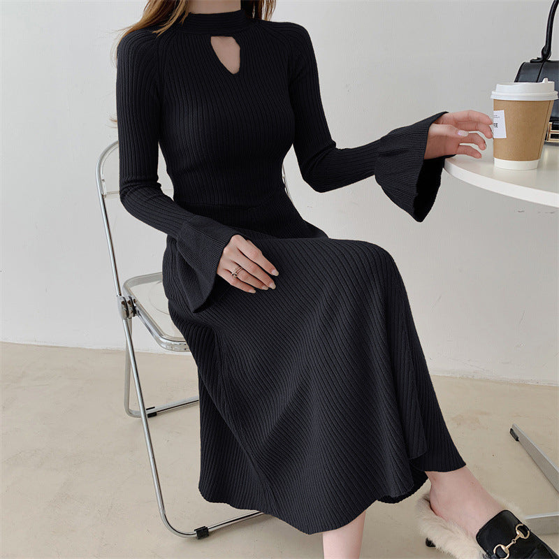 Black Ribbed Bell Sleeve Fit and Flare Midi Dress