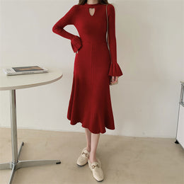 Red Bell Sleeve A-Line Midi Dress