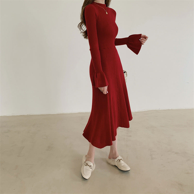 Red Bell Sleeve A-Line Midi Dress