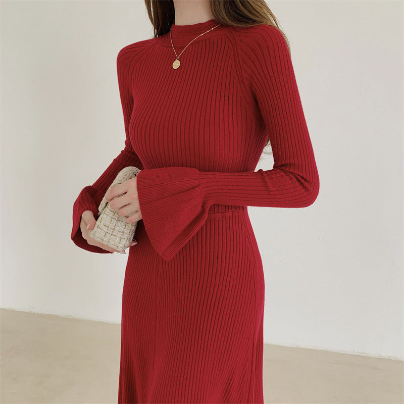 Red Bell Sleeve A-Line Midi Dress