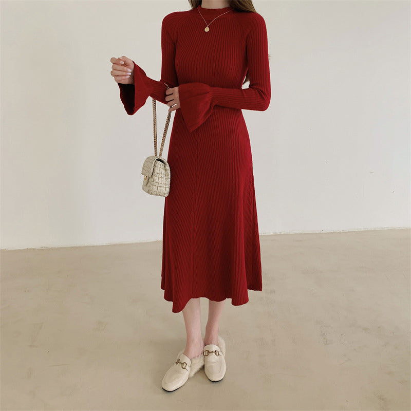 Red Bell Sleeve A-Line Midi Dress