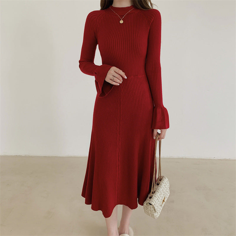 Red Bell Sleeve A-Line Midi Dress