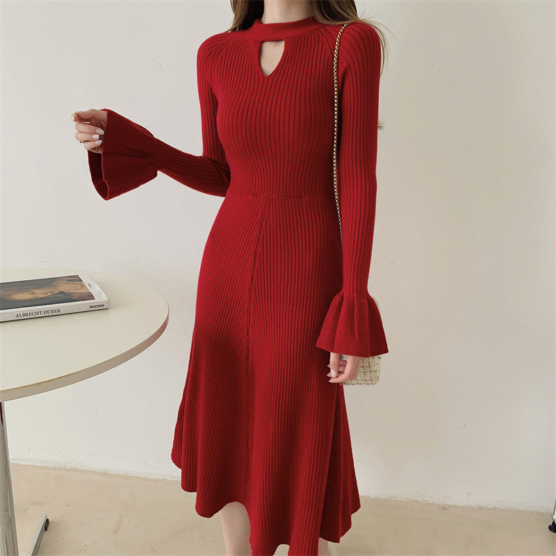 Red Bell Sleeve A-Line Midi Dress