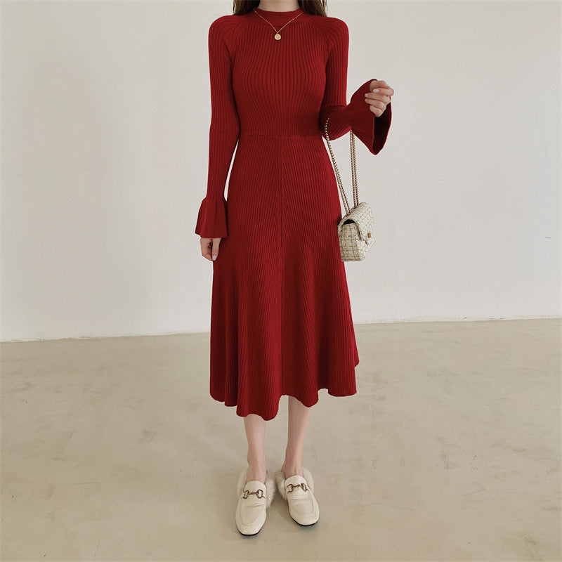 Red Bell Sleeve A-Line Midi Dress
