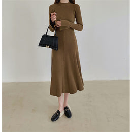 Brown Solid Bell Sleeves A-Line Midi Dress