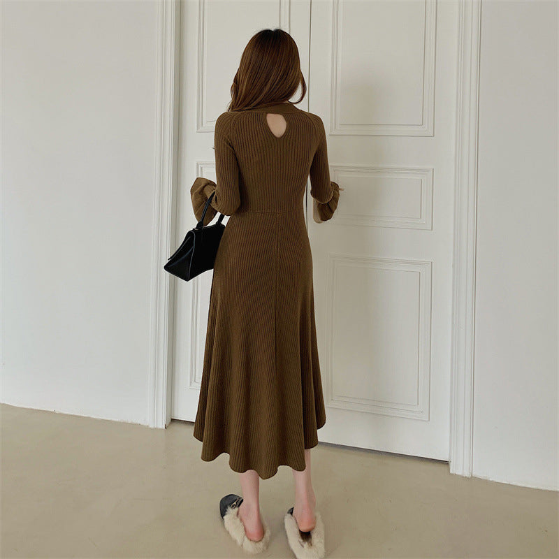 Brown Solid Bell Sleeves A-Line Midi Dress