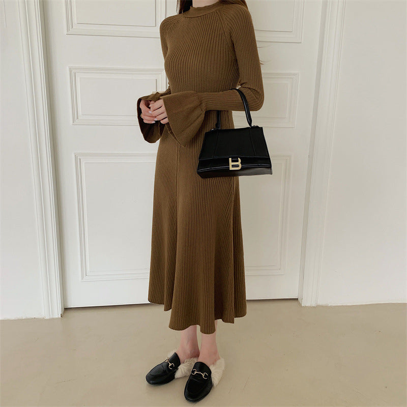 Brown Solid Bell Sleeves A-Line Midi Dress