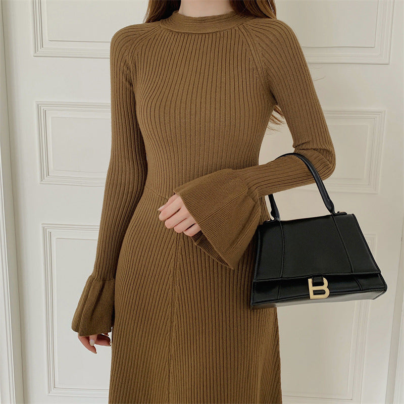 Brown Solid Bell Sleeves A-Line Midi Dress