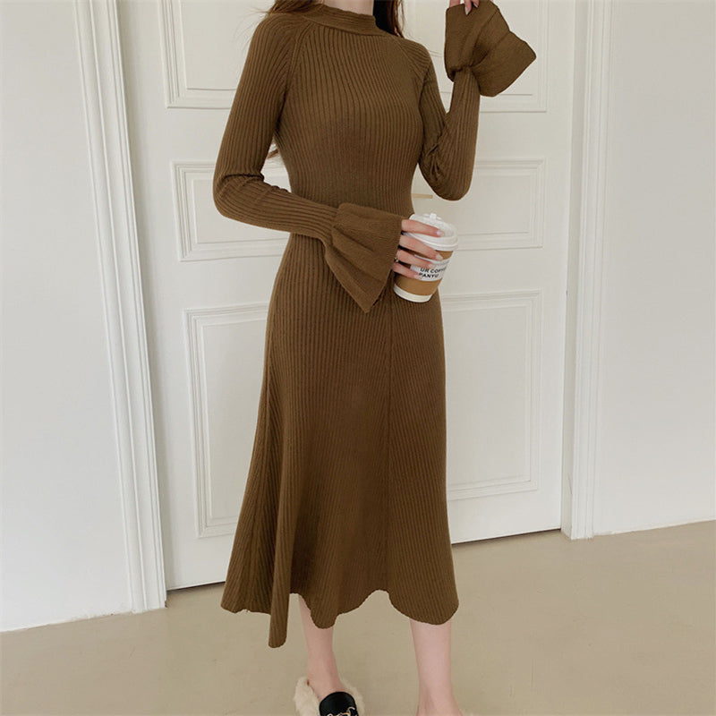 Brown Solid Bell Sleeves A-Line Midi Dress