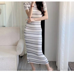 White Round Neck Striped Bodycon Dress