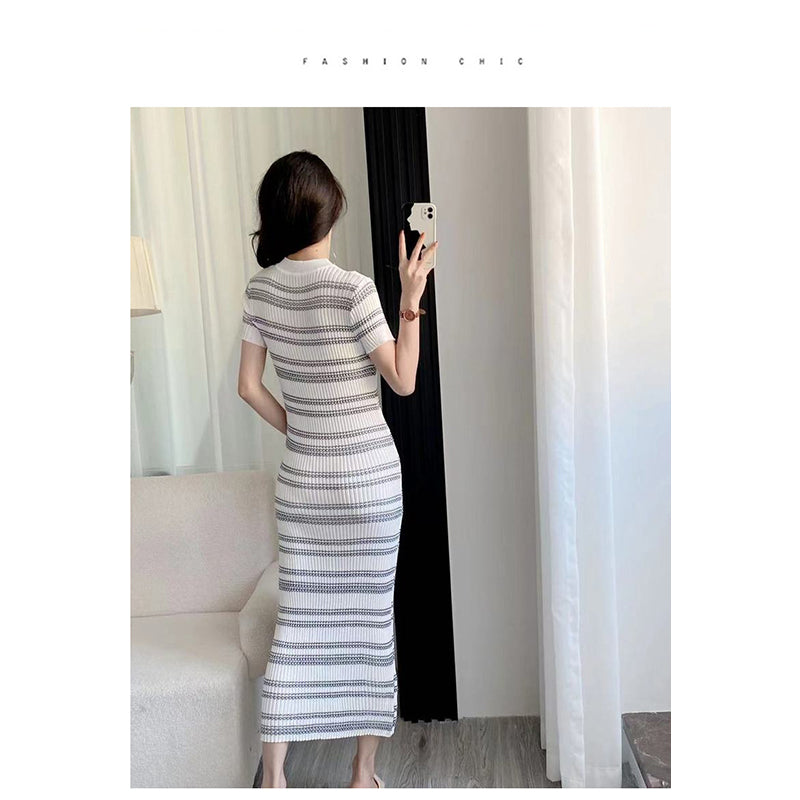 White Round Neck Striped Bodycon Dress