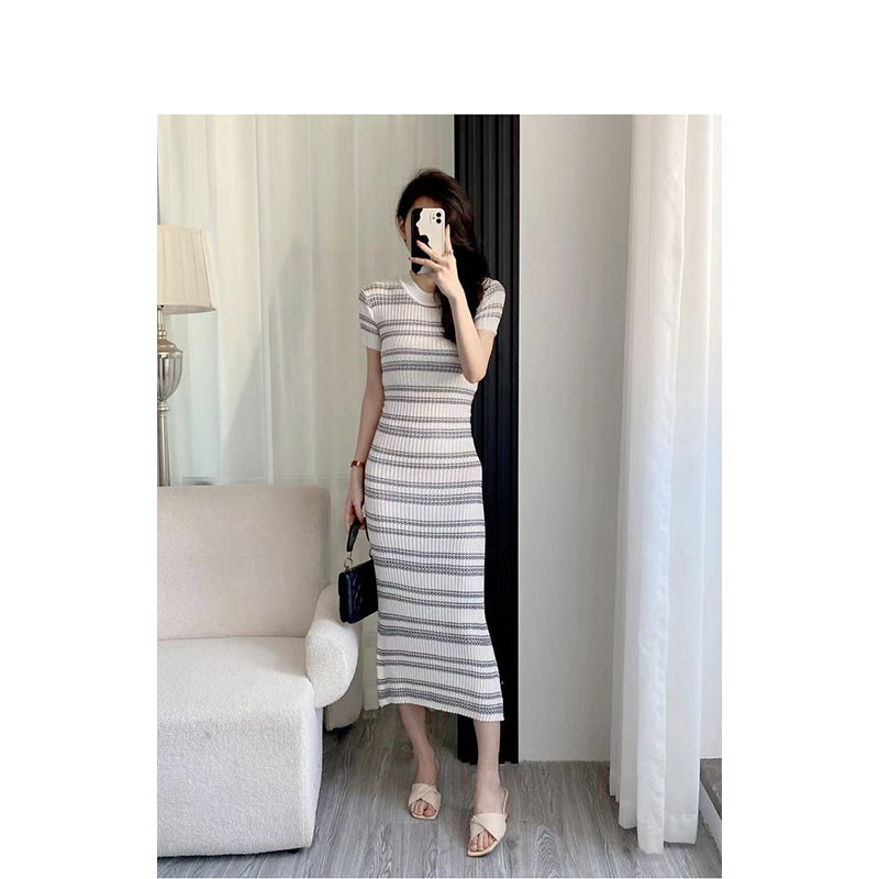 White Round Neck Striped Bodycon Dress