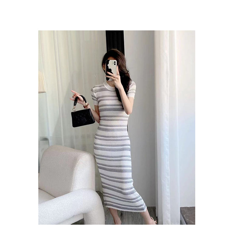 White Round Neck Striped Bodycon Dress