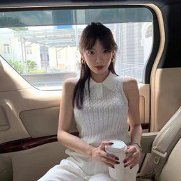 Women White Sleeveless Shirt Collar Top