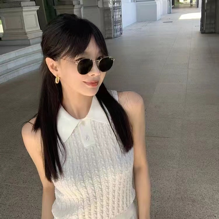 Women White Sleeveless Shirt Collar Top