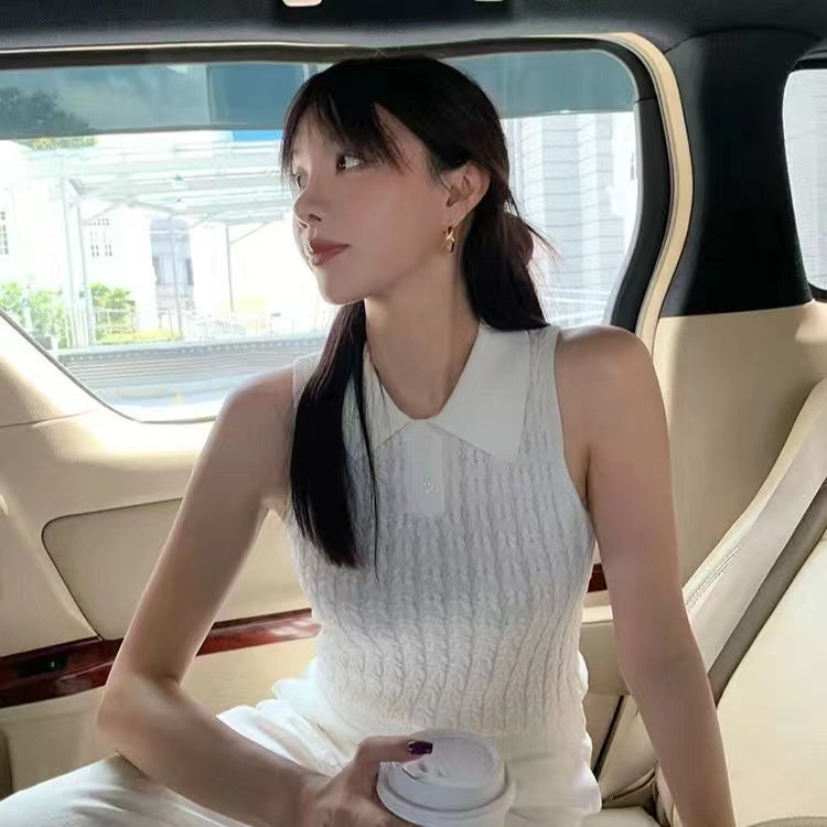 Women White Sleeveless Shirt Collar Top