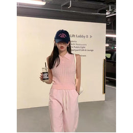 Women Pink Shirt Collar Sleeveless Top