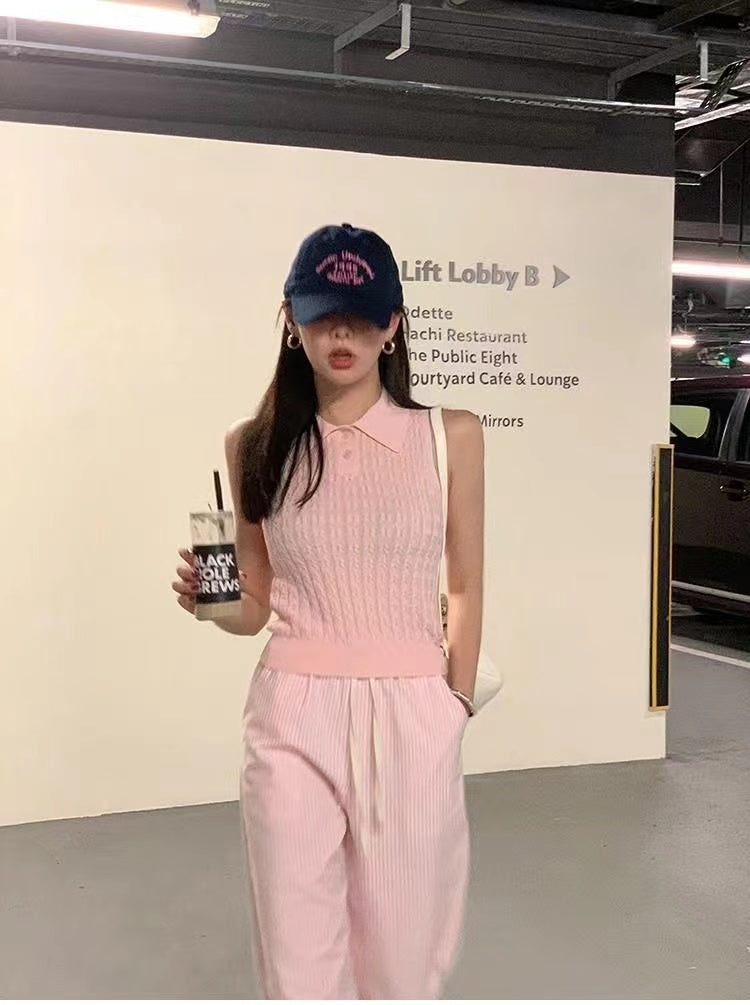 Women Pink Shirt Collar Sleeveless Top