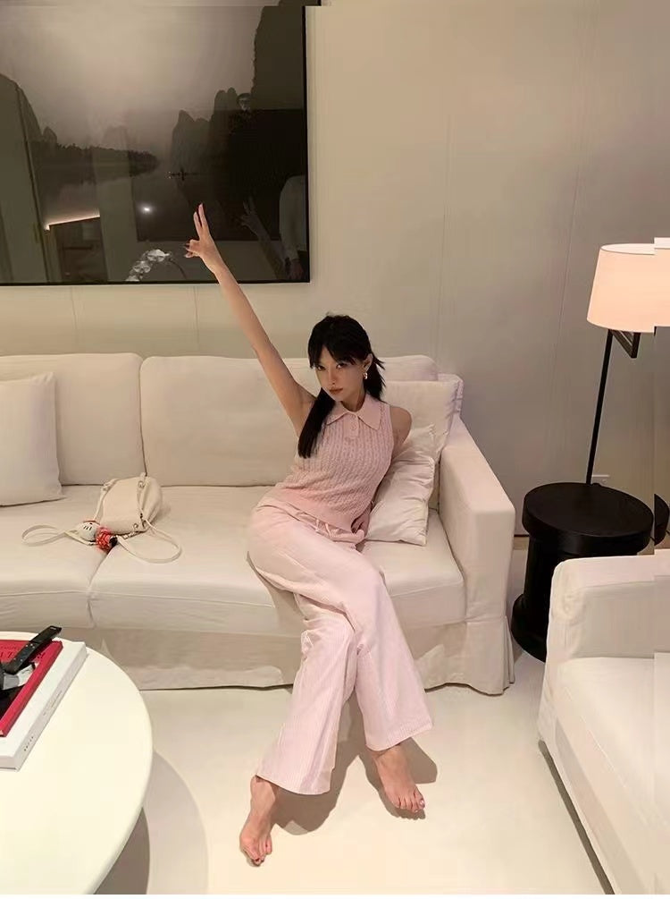 Women Pink Shirt Collar Sleeveless Top