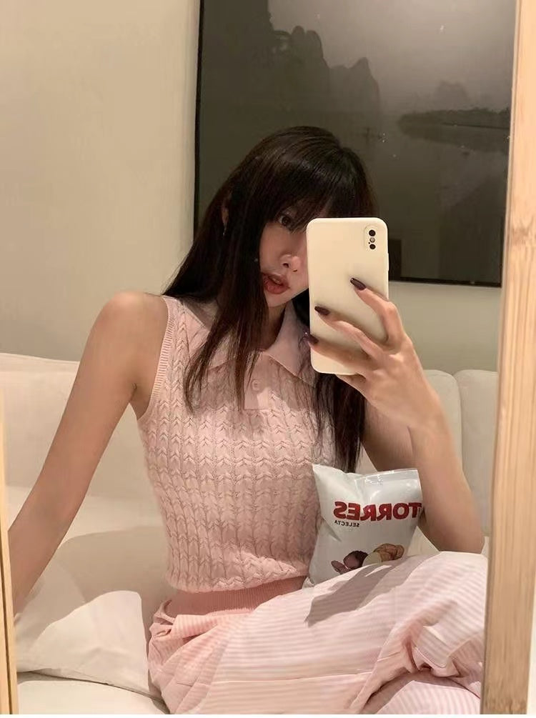 Women Pink Shirt Collar Sleeveless Top