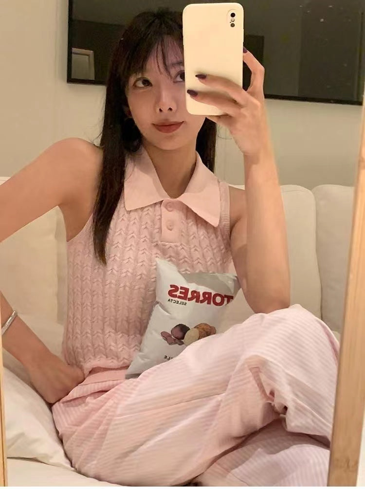 Women Pink Shirt Collar Sleeveless Top