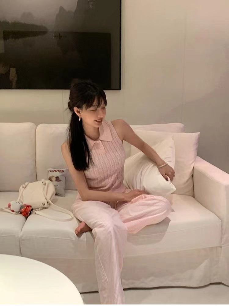 Women Pink Shirt Collar Sleeveless Top