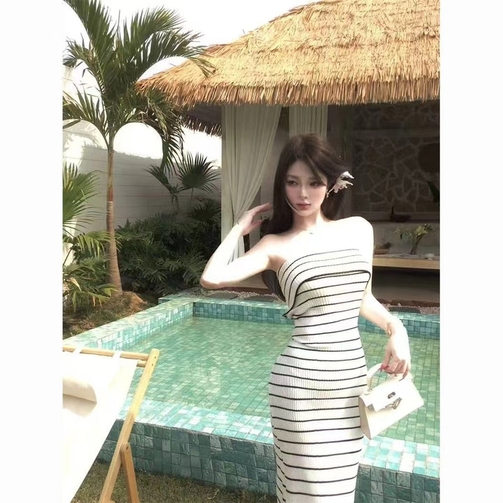 Women Striped Strapless Bodycon Maxi Dress