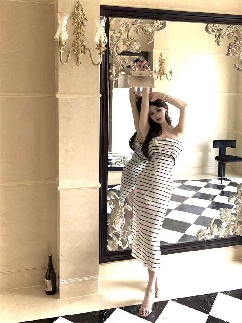 Women Striped Strapless Bodycon Maxi Dress