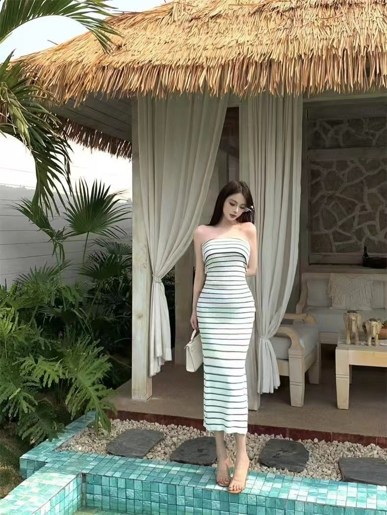 Women Striped Strapless Bodycon Maxi Dress