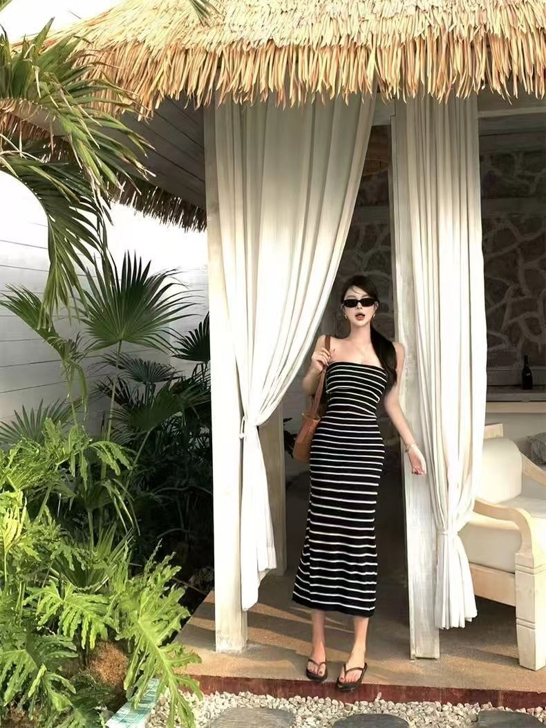 Women Striped Bodycon Midi Dress