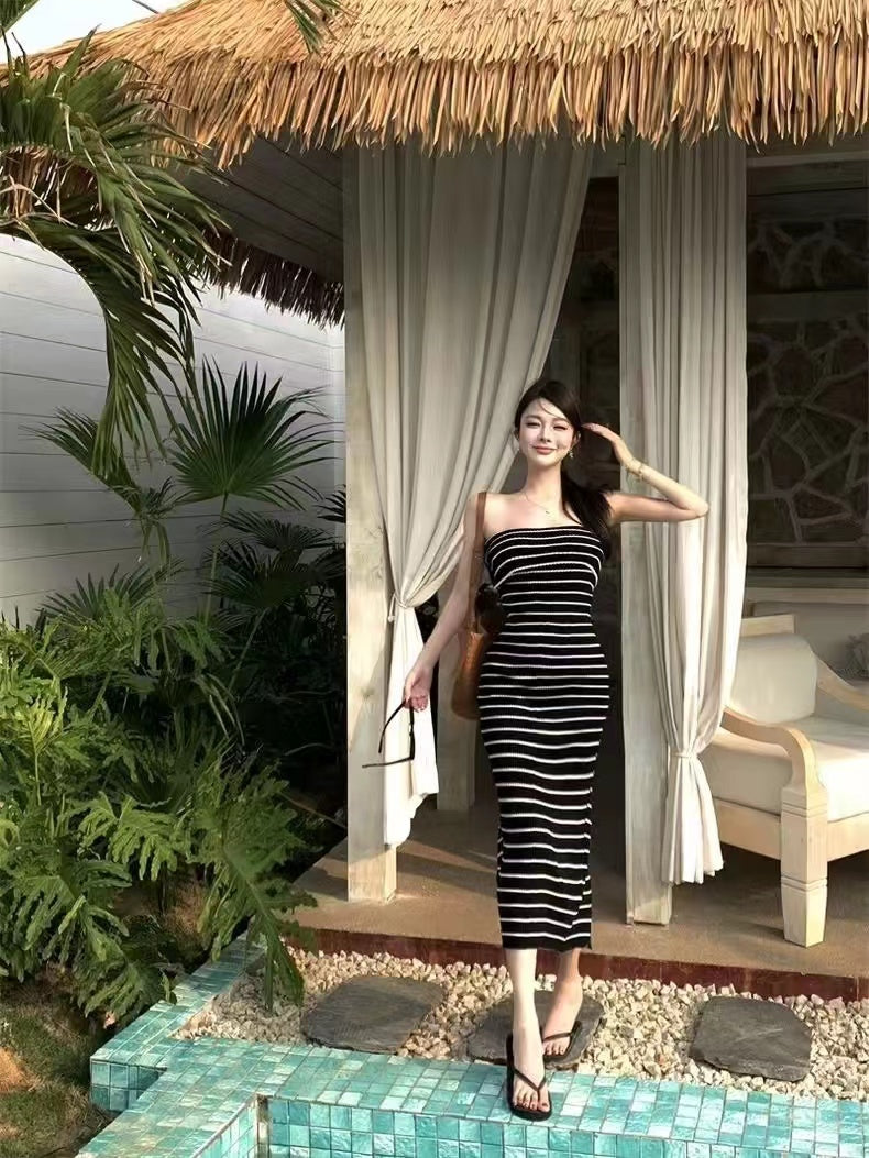 Women Striped Bodycon Midi Dress